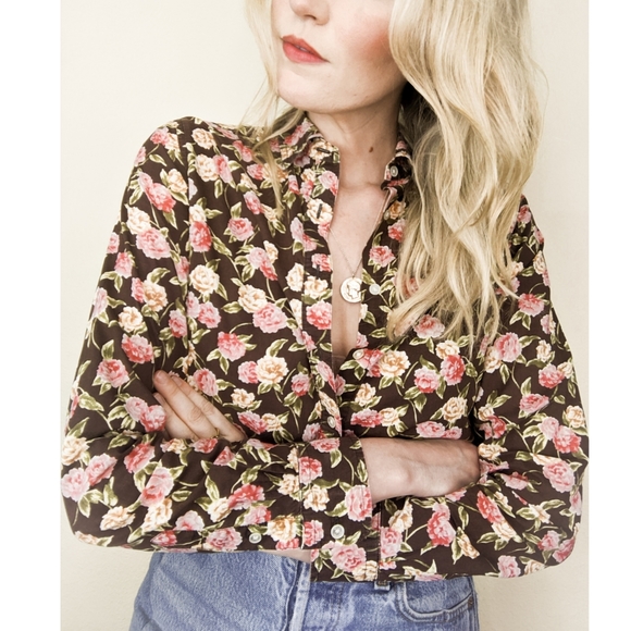 90s Brown Floral Long Sleeve Button Down Blouse - Picture 14 of 14